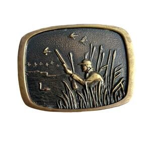 Vintage Hunting Belt Buckle BTS Brass Duck Waterfowl Marsh Scene Made in USA